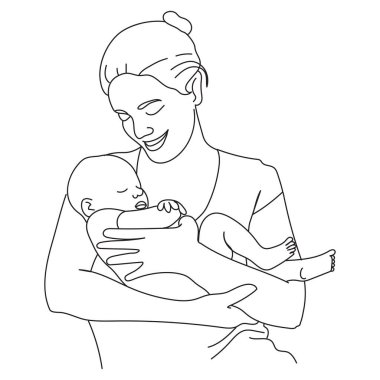 Annenin kollarındaki bebek çiziyor.