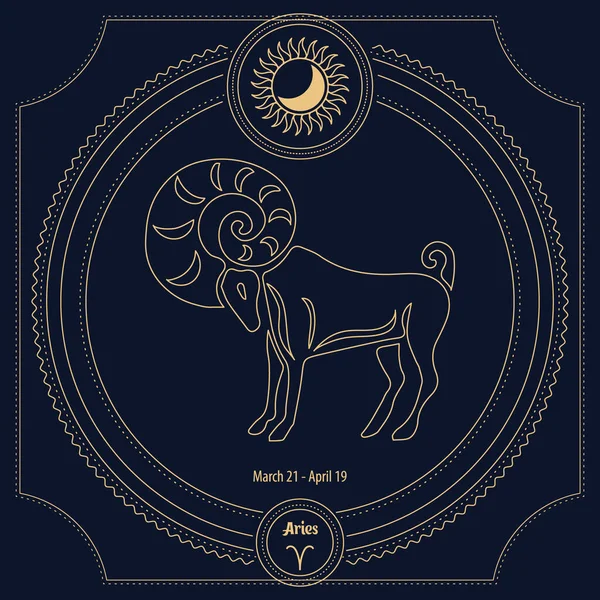 牡羊座の星座 装飾的な神秘的なフレーム内のホロスコープの占星術の兆候 黄金の青いデザインベクトル — ストックベクタ