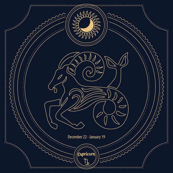 カプリコン星座 装飾的な神秘的なフレーム内のホロスコープの占星術の兆候 黄金の青いデザインベクトル — ストックベクタ