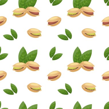 Kusursuz desenli, fıstıklı ve beyaz arka planda yapraklı. Yazdır, tekstil, vektör