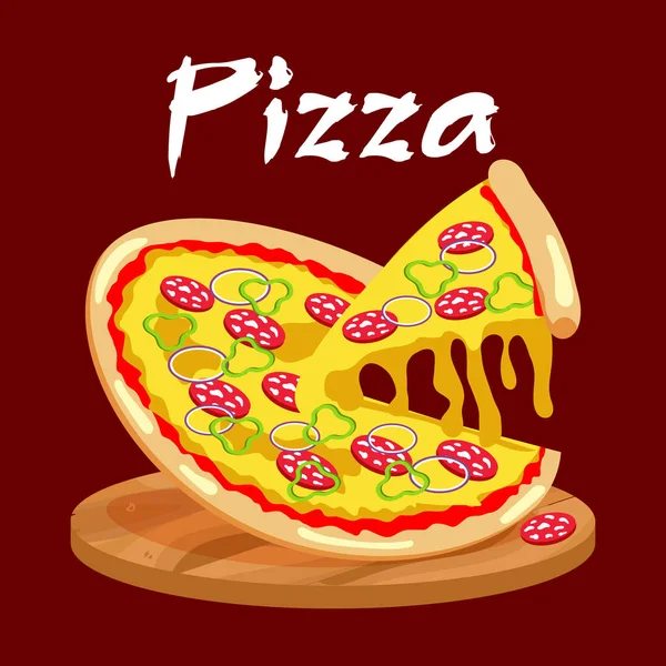 Аппетитная Итальянская Пицца Деревянном Подносе Иллюстрация Плакат Вектор — стоковый вектор