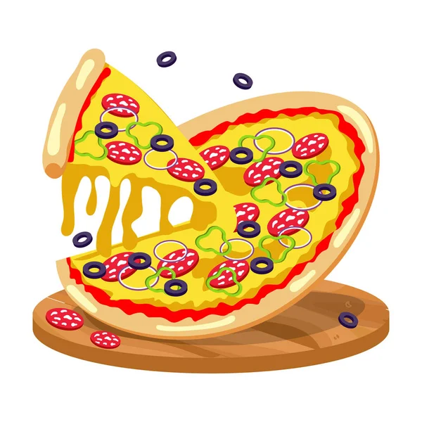 Apetyczna Włoska Pizza Drewnianej Tacy Ilustracja Plakat Wektor — Wektor stockowy