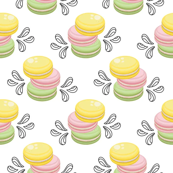 Nahtloses Muster Französische Macarons Und Konturkritzeleien Cafe Und Konditorei Design — Stockvektor