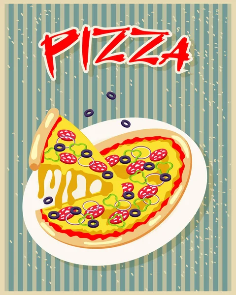 Kolorowa Włoska Pizza Talerzu Zabytkowym Tle Paski Plakat Baner Retro — Wektor stockowy
