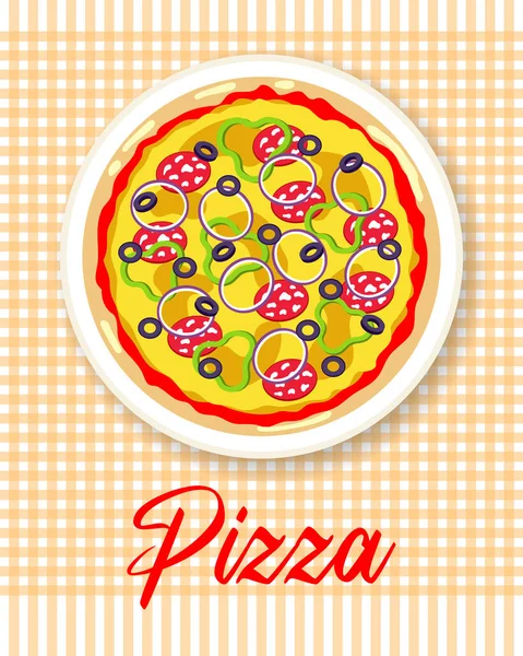 Красочная Итальянская Пицца Тарелке Клетчатой Скатерти Плакат Ретро Баннер Вектор — стоковый вектор