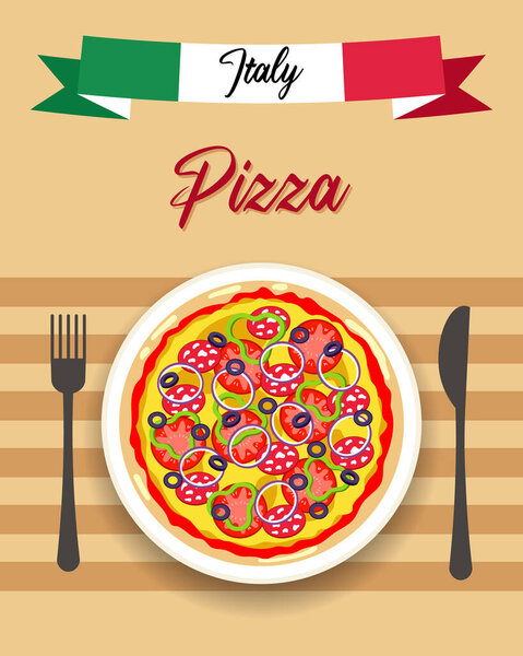 Colorful pizza, fork, knife and Italian flag ribbon. Postcard, retro poster, vector