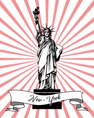 Amerikan Özgürlük Anıtı ve arka planda New York yazılı bir kurdele. Retro poster, illüstrasyon, vektör