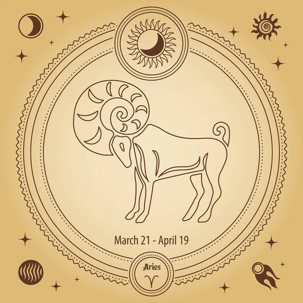 白羊座黄道带星座占星术星座用神秘的天文符号画出一个装饰圆圈的草图 — 图库矢量图片