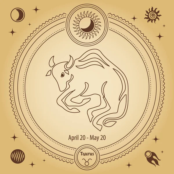 牡牛座の星座 占星術の星座 神秘的な天文学的記号を持つ装飾的な円で描く概要 ベクトル — ストックベクタ