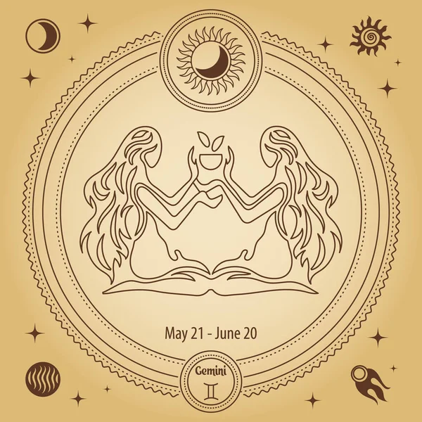 Segno Zodiacale Gemelli Segno Astrologico Dell Oroscopo Disegno Contorno Cerchio — Vettoriale Stock