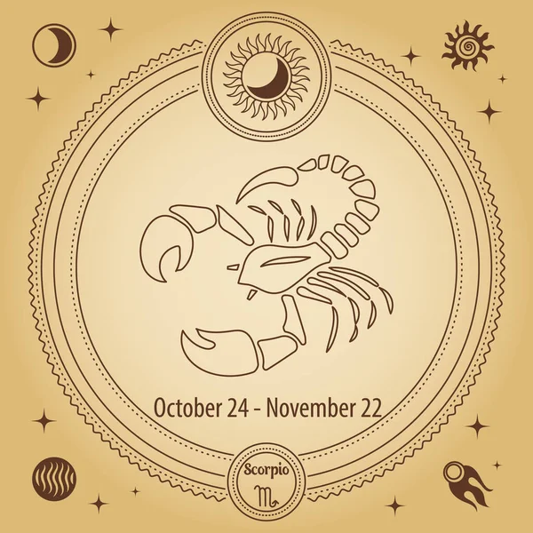 黄道带星座天蝎星座占星术星座用神秘的天文符号画出一个装饰圆圈的草图 — 图库矢量图片