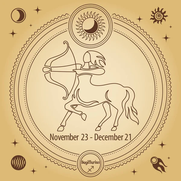 黄道带星座射手座星座占星术星座用神秘的天文符号画出一个装饰圆圈的草图 — 图库矢量图片