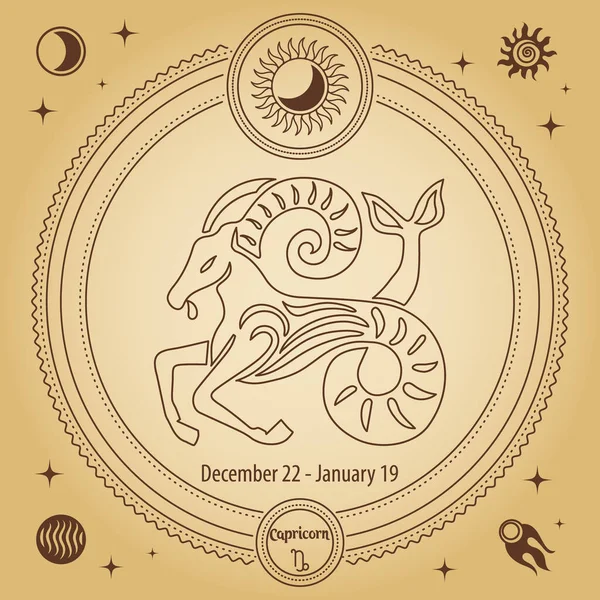 カプリコン星座 占星術の星座 神秘的な天文学的記号を持つ装飾的な円で描く概要 ベクトル — ストックベクタ