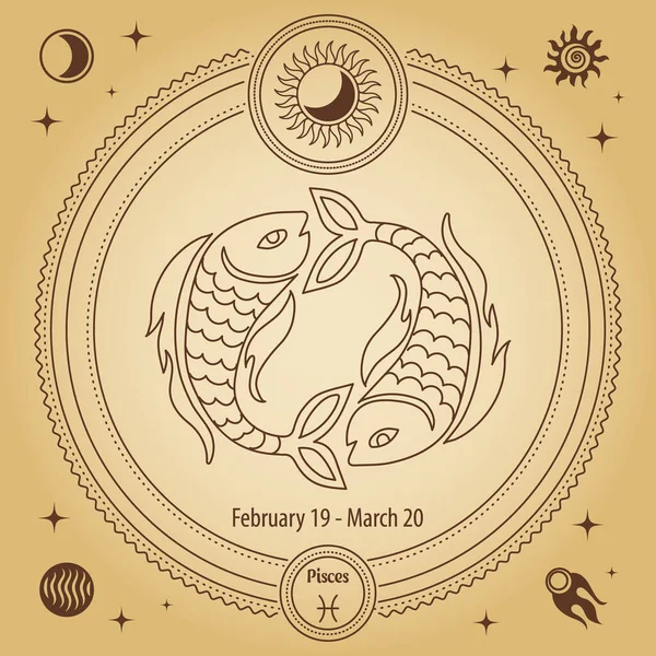 Ryby Znamení Zvěrokruhu Astrologický Horoskop Znamení Obrys Kresby Dekorativním Kruhu — Stockový vektor