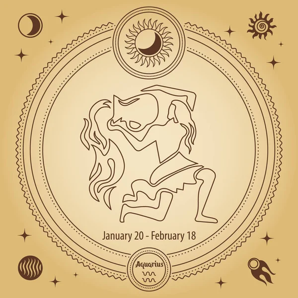 アクエリアス星座 占星術の星座 神秘的な天文学的記号を持つ装飾的な円で描く概要 ベクトル — ストックベクタ