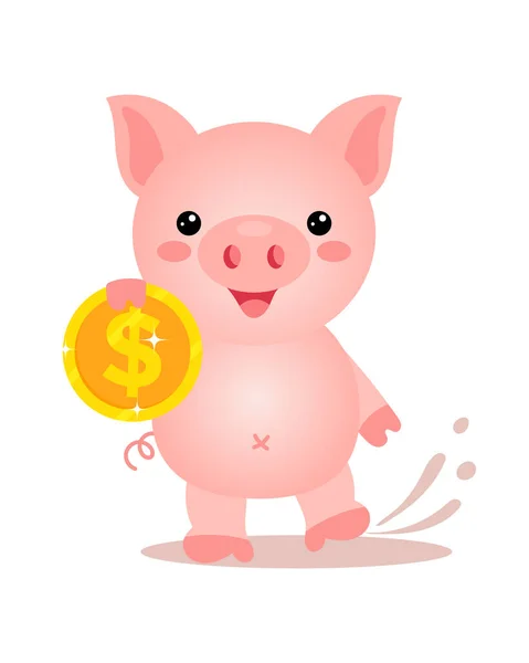 Piggy Bank Com Moeda Dólar Ouro Mão Porco Bonito Com — Vetor de Stock