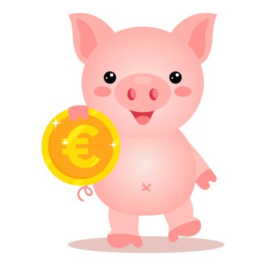 Elinde altın euro olan bir kumbara, paralı şirin bir domuz. Finans ve iş konsepti. Görüntü, vektör