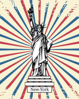 Grunge Ray arka planında Amerikan Özgürlük Anıtı. Retro poster, illüstrasyon, vektör