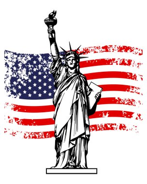 Amerikan Özgürlük Heykeli ve grunge USA bayrağı. Retro poster, illüstrasyon, vektör