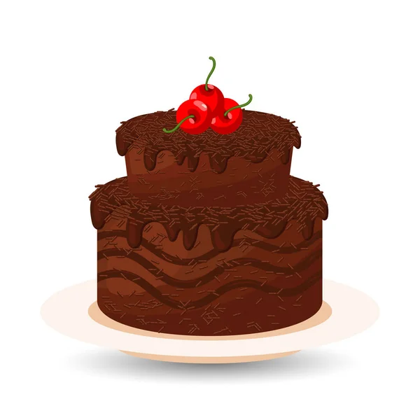 Шоколадный Двухъярусный Торт Украшенный Вишней Праздничная Иллюстрация Печать Вектор — стоковый вектор