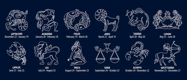 Tierkreiszeichen Astrologische Horoskopzeichen Konturweiße Zeichnungen Auf Blauem Hintergrund Symbole Vektor — Stockvektor