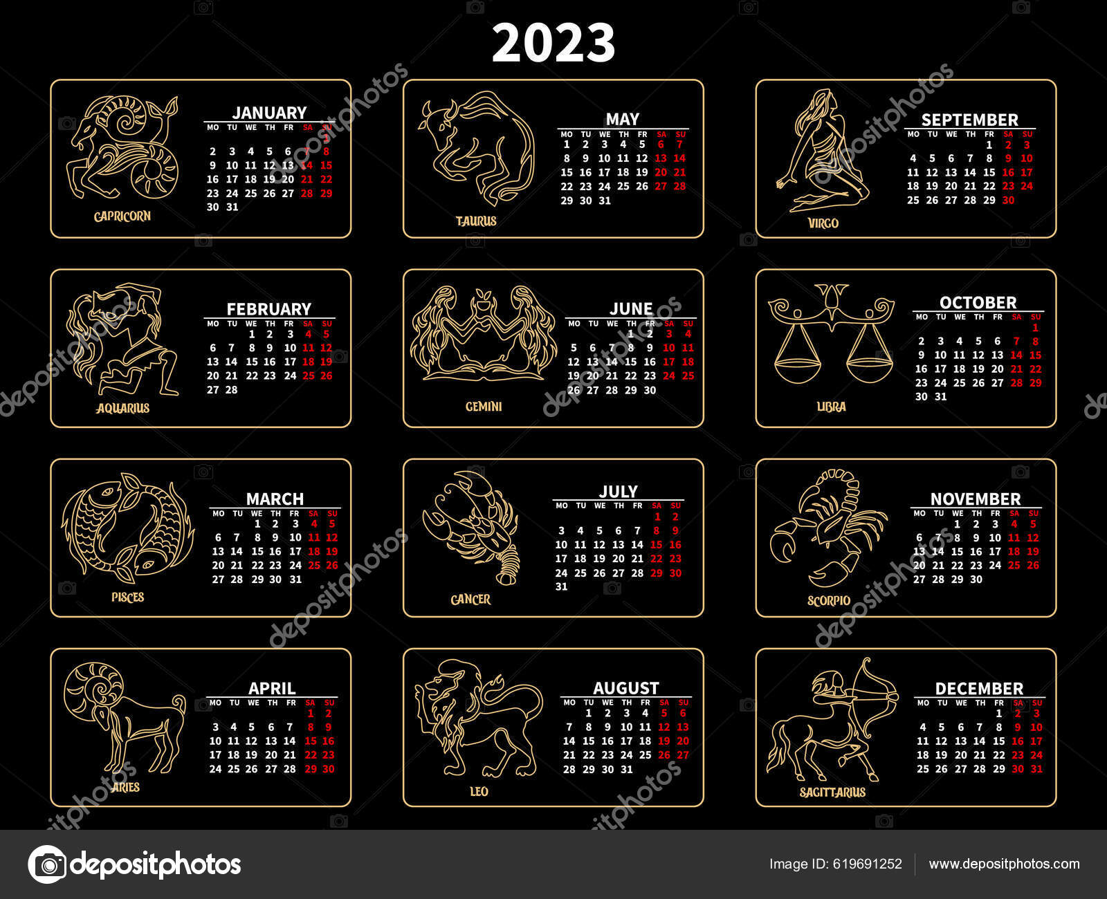 Calendar 2023 Zodiac Signs Blue Background Astrological Calendar Print