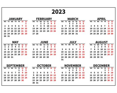 Takvim 2023, planlama. Siyah ve kırmızı klasik tasarım. Yazdırma, illüstrasyon, vektör