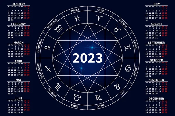 Kalender 2023 Met Dierenriemtekens Een Astrologische Cirkel Een Blauwe Achtergrond — Stockvector