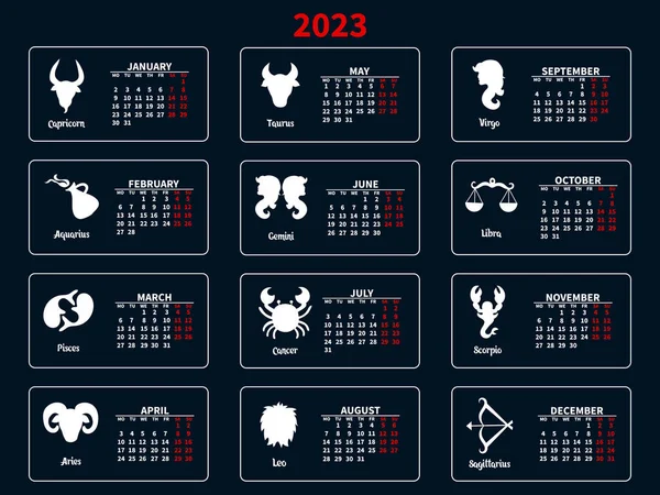 Kalender 2023 Met Dierenriemtekens Een Blauwe Achtergrond Astrologische Kalender Print — Stockvector