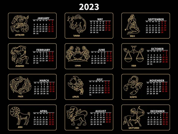 2023年日历 蓝色背景上有黄道带标志 星历表印刷 — 图库矢量图片