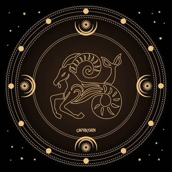 カプリコン星座 星と神秘的な円の占星術の星座 黄金のデザインベクトル — ストックベクタ