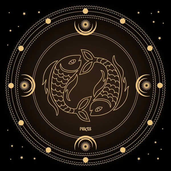 Pisces Zodiak Tecken Astrologiska Horoskop Tecken Mystisk Cirkel Med Månen — Stock vektor