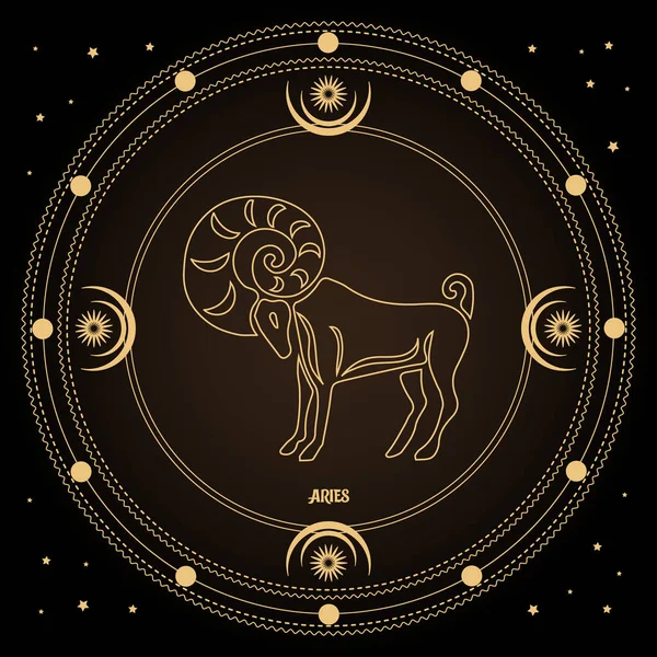 Aries Znamení Zvěrokruhu Astrologický Horoskop Znamení Mystickém Kruhu Měsícem Sluncem — Stockový vektor