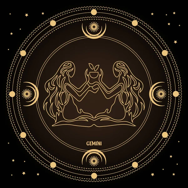 ジェミニ星座 星と神秘的な円の占星術の星座 黄金のデザインベクトル — ストックベクタ