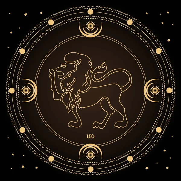Segno Zodiacale Leone Segno Astrologico Oroscopo Cerchio Mistico Con Luna — Vettoriale Stock