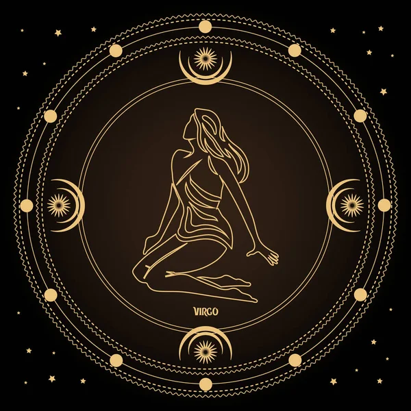 おとめ座の星座 月と太陽と星と神秘的な円の占星術の星座 黄金のデザインベクトル — ストックベクタ