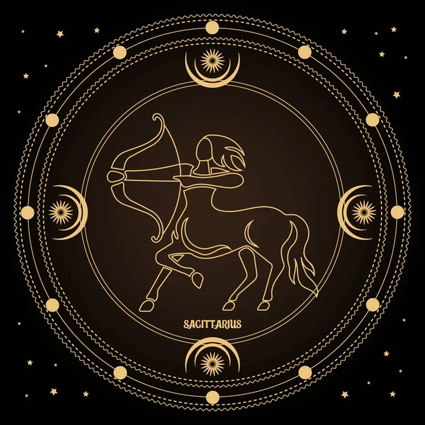 星座射手座 星と神秘的な円の占星術の星座 黄金のデザインベクトル — ストックベクタ