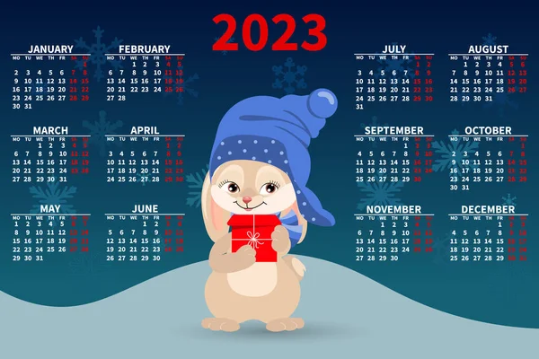 2023年年历 在雪景的背景下 有一只可爱的兔子带着礼物 — 图库矢量图片