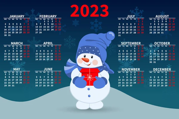 Roční Kalendář 2023 Roztomilým Sněhulákem Dárkem Pozadí Zasněžené Krajiny Ilustrace — Stockový vektor