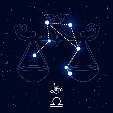 Kozmik evrenin arka planında terazi, takımyıldız ve burç işareti var. Mavi ve beyaz tasarım. Görüntü, vektör