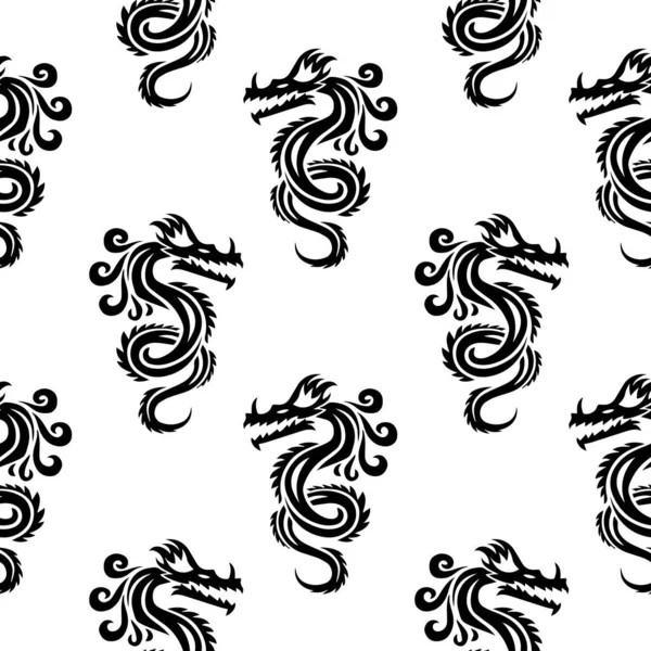 Motif Sans Couture Silhouettes Dragons Chinois Noirs Sur Fond Blanc — Image vectorielle