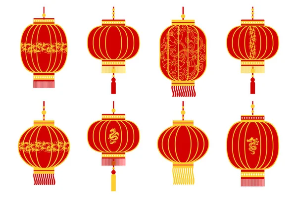 Conjunto Coloridas Linternas Chinas Rojas Con Dragones Dorados Adornos Elementos — Vector de stock