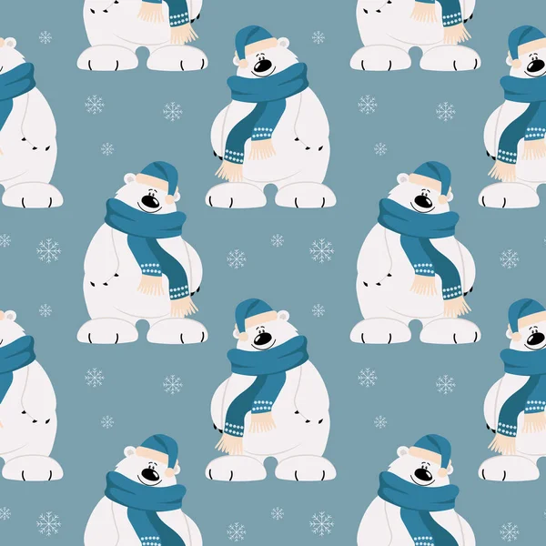 Seamless pattern, cute cartoon polar bear in a scarf and hat on a background of snowflakes. Print, textile, vector