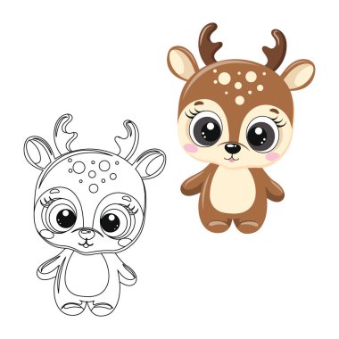Sevimli küçük geyik, resim ve boyama için çizim. Çocuk boyama kitabı ve vektörü için tasarım