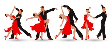 Dans eden çiftler seti. Kadın ve erkek tango ya da vals yapıyor. Kırmızı ve siyah tasarım. Görüntü, vektör