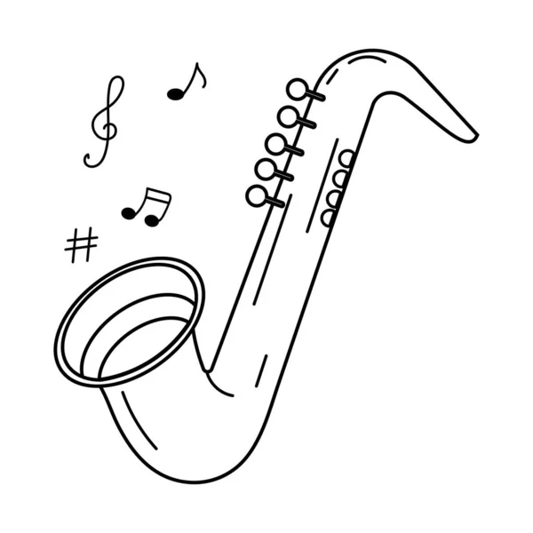 Saxophon Und Noten Musikinstrumente Linienkunst Skizze Symbol Vektor — Stockvektor