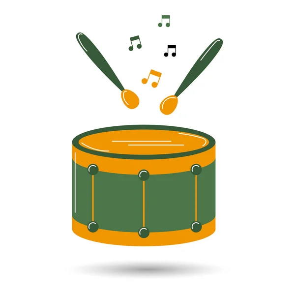 Trommel Mit Schlagstöcken Und Noten Musikinstrumente Gelb Grünes Design Illustration — Stockvektor