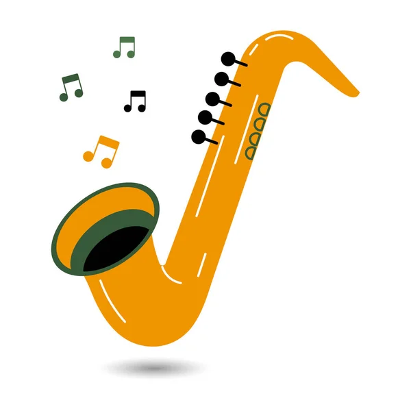 Saxophon Und Noten Musikinstrumente Gelb Grünes Design Illustration Symbol Vektor — Stockvektor