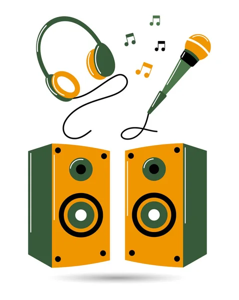 Micrófono Concierto Auriculares Altavoces Instrumentos Musicales Diseño Verde Amarillo Ilustración — Vector de stock