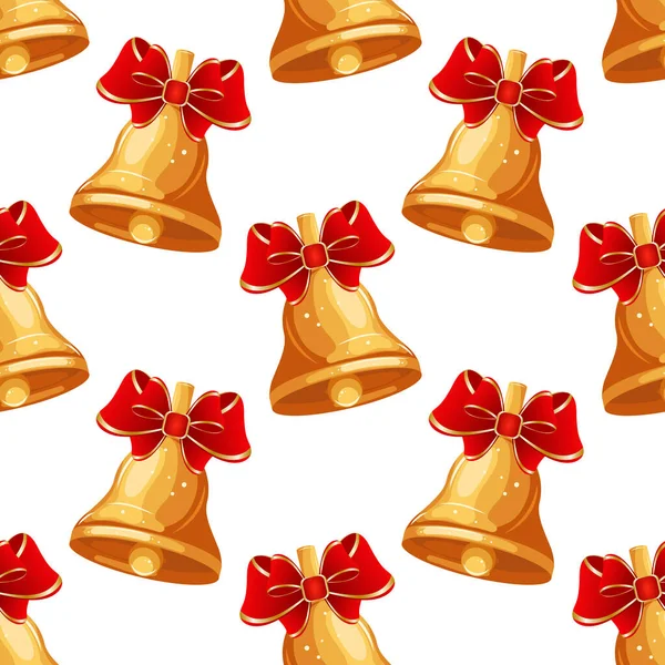Motif Sans Couture Cloches Dorées Colorées Noël Avec Arc Rouge — Image vectorielle